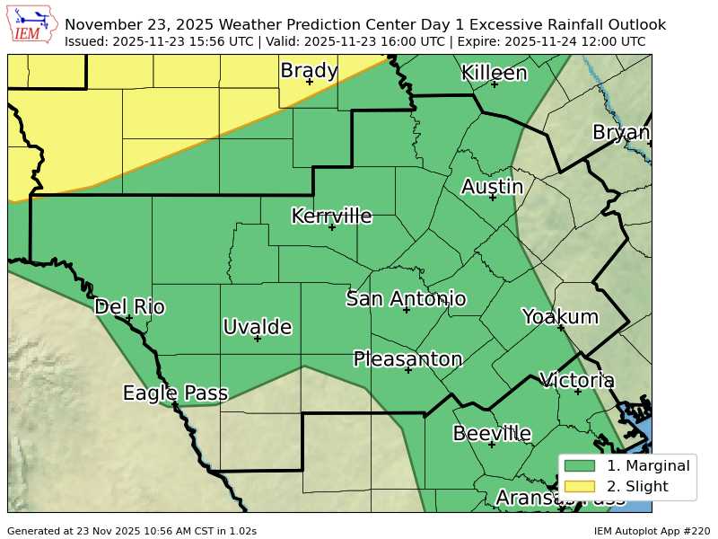 EWXBot's tweet image. WPC issues Day 1 Slight Risk Excessive Rainfall Outlook at Nov 23, 15:56z for EWX wpc.ncep.noaa.gov/qpf/excessive_…