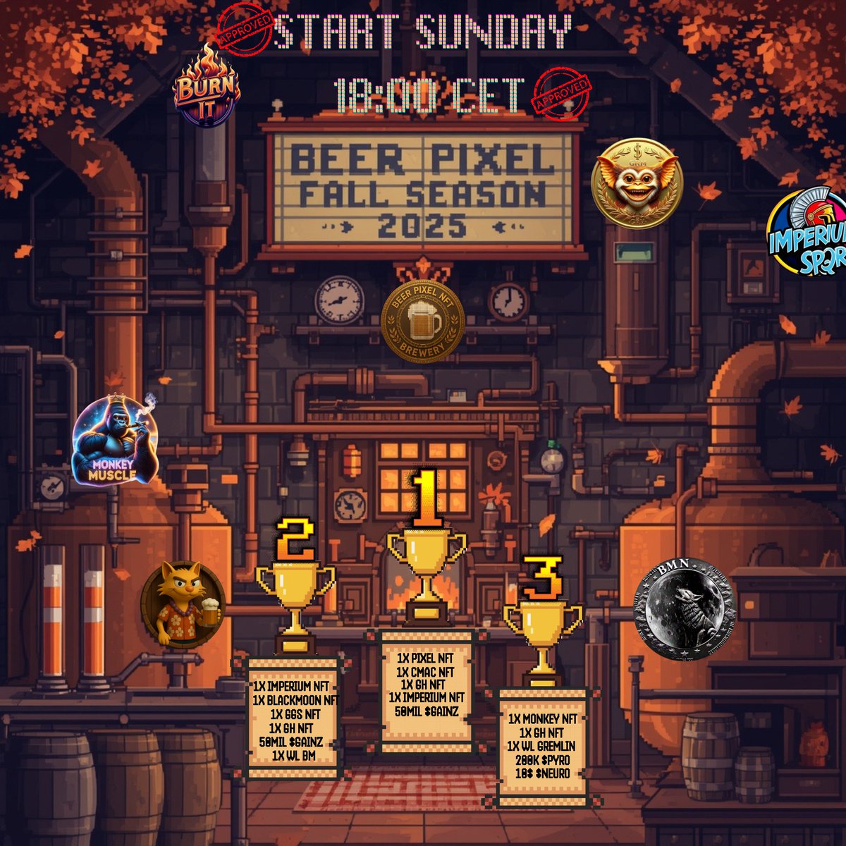 GOLDliquidBEER's tweet photo. 1 hour left…
Fall Season opens at 18:00 CET 🔥🍂
Gear up, Legends — the arena is about to open.
@GRM_Gremlin @ImperiumCro @monkeymuscle121 @BlackMoonCRO @neuroticatcro @BurnItJuliemom
#FallSeason #BeerPixel #CronosChain #crofam #NFTGaming #PlayAndEarn https://t.co/kUZWP2dB87