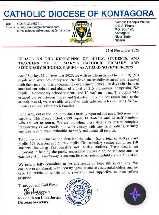 CatholicArena's tweet image. NIGERIA - UPDATE 

50 of the kidnapped Catholic schoolchildren have ESCAPED captivity 

265 people remain in captivity, 239 of them children
