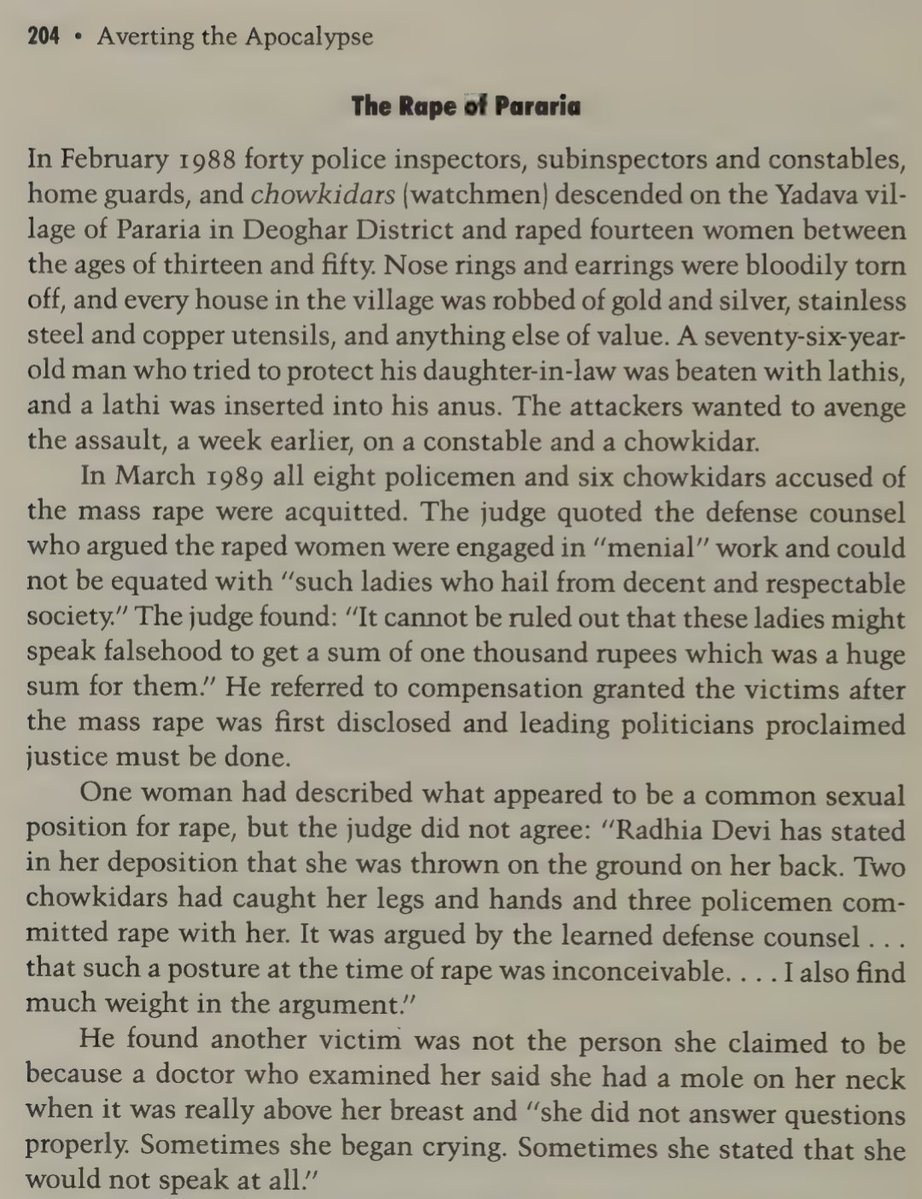 AsimAli6's tweet image. Had no idea about the 1988 mass rape of Yadav women by policemen in Pararia village in then Bihar. And then admin cover up. Contrast with how the Shilpi Jain murder is retold as media lore. But this was pre &apos;jungle raj&apos; Bihar

Frm Arthur Bonner’s 1990 book Averting the Apocalypse