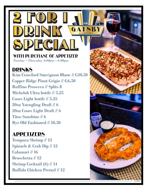 ✨🍸 2-for-1 drinks, double the fun at The Gatsby Bar! 🍸✨ Enjoy with the purchase of any appetizer, Sundays–Thursdays from 4–6 PM!

Learn more: bit.ly/3vtQFGI