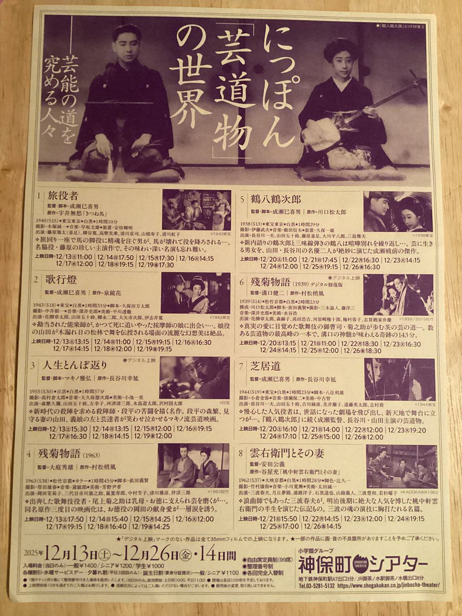 神保町シアター 次回の映画特集「にっぽん 芸道物 の世界」。 「旅役者