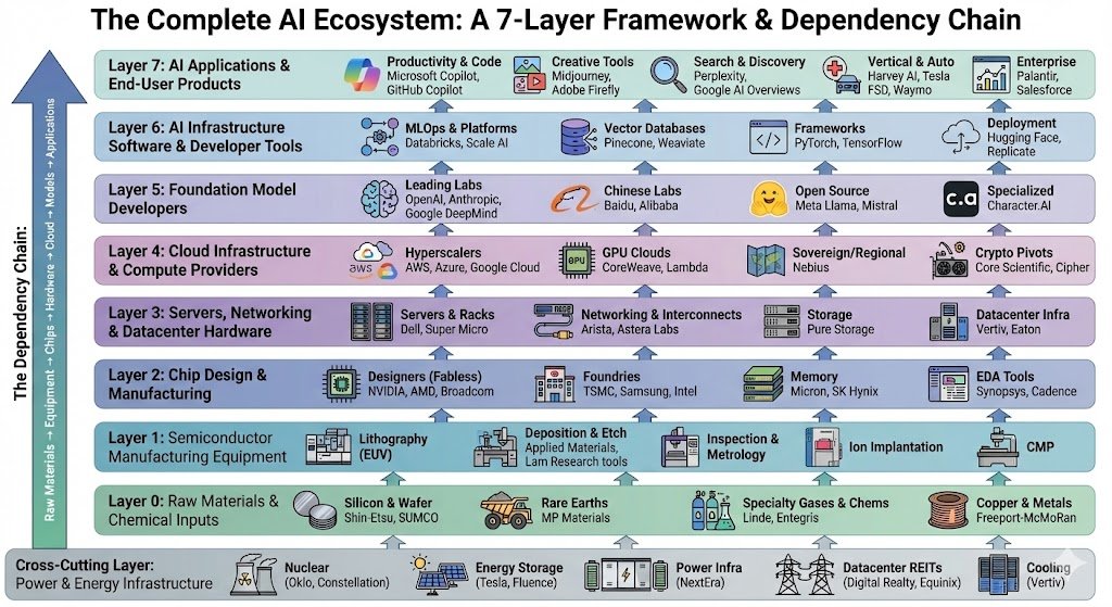 StocksCashFlow's tweet image. Everyone talks about “AI” like it’s one thing.

It isn’t.

AI is a supply chain.

From rare earth metals → to $ASML machines → to $NVDA chips → to $AMZN &amp;amp; $MSFT clouds → to OpenAI/Anthropic → to the apps you and I use every day.

I mapped the entire ecosystem in one visual.…