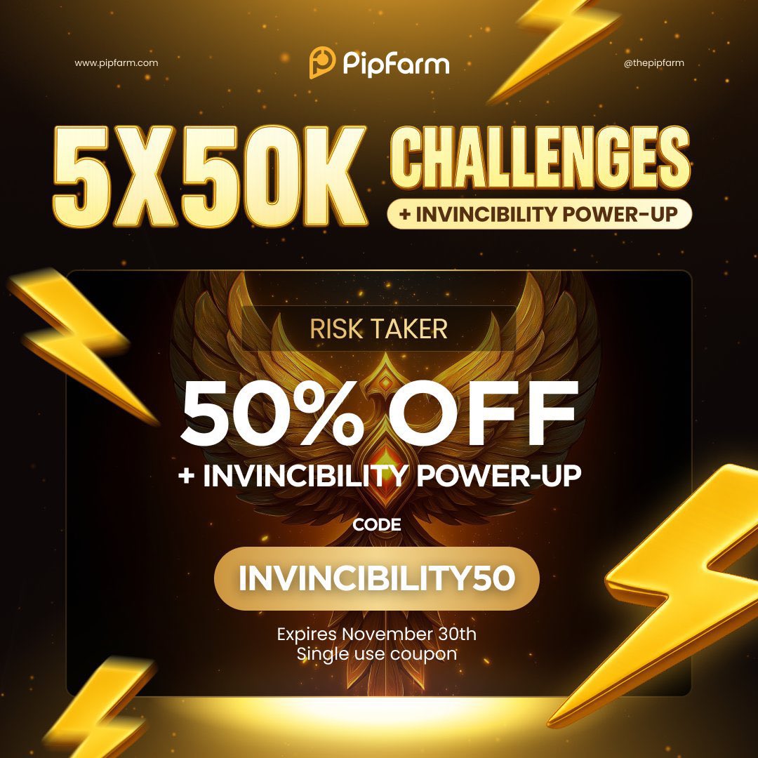 🔥 GIVEAWAY TIME! 🔥

PipFarm just dropped a massive offer — 50% OFF + Invincibility Power-Up on the 5×50K Challenges 💥
Use code: INVINCIBILITY50

And to make it even sweeter, I’m running a special giveaway 🎁✨

Here’s how to enter:
1️⃣ Like this post
2️⃣ follow <a href="/0thayyab0/">𝗥𝗶𝘀𝗸 𝗧𝗮𝗸𝗲𝗥</a>,