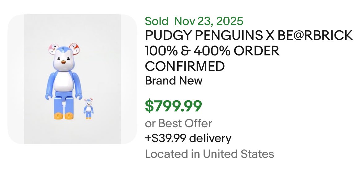 camolNFT's tweet photo. Pudgy Penguins Bearbricks are selling for $800 on eBay.

Congrats team! https://t.co/Ijd3OONoTj