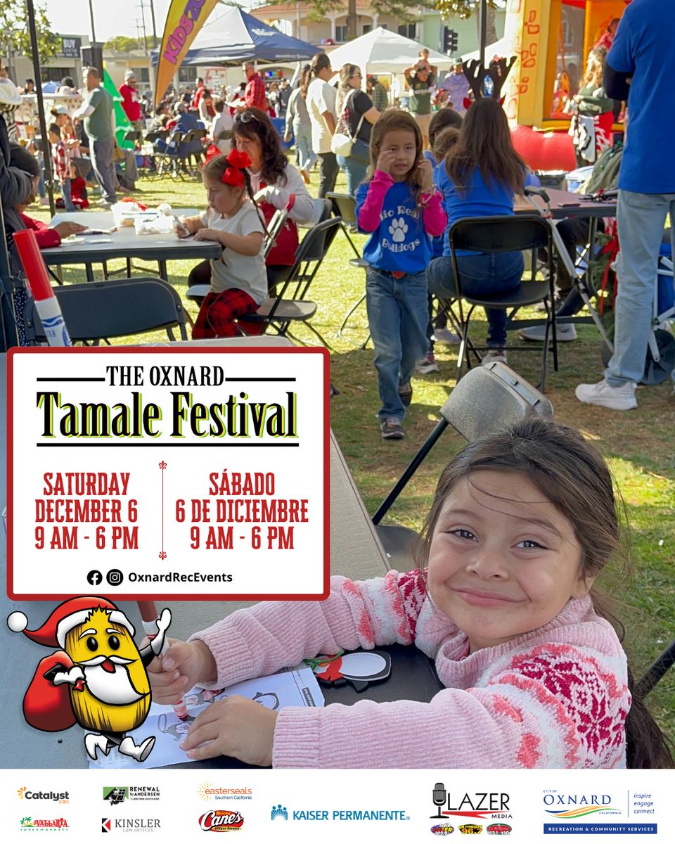 OxnardRecEvents's tweet image. The 18th Annual Oxnard Tamale Festival is almost here! Join us December 6, 9 AM–6 PM, bring the kids to our Kids Zone for a day full of arts &amp;amp; crafts, bounce houses, and inflatable obstacle courses — all completely FREE! 
#OxnardTamaleFestival #KidsZoneFun