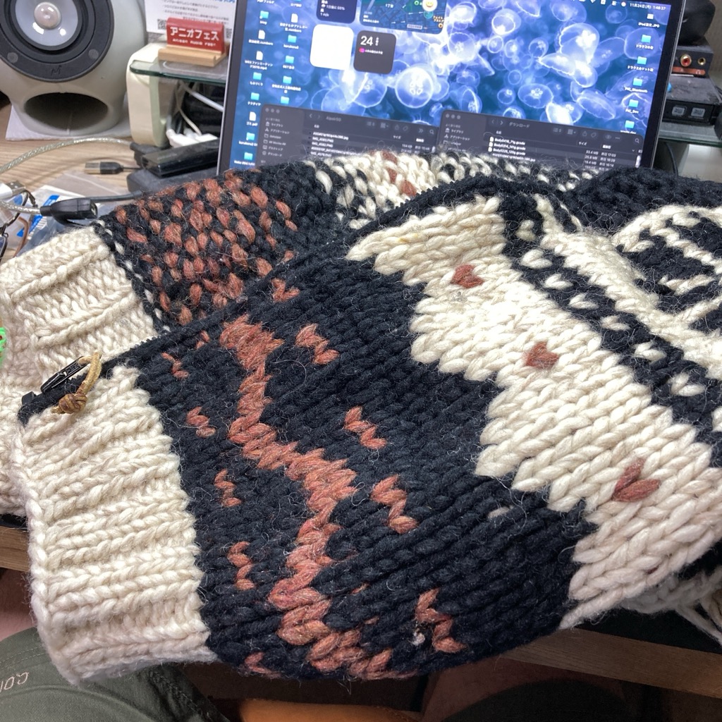 私が高校生の時に母が作ってくれたカウチンセーター、外国から輸入した毛糸だそうで、メッチャ高かったみたいです．脱脂してないからクリーニングできないとか．ということで、今日のNHKの編み物の番組、スゴい真剣に見てました．