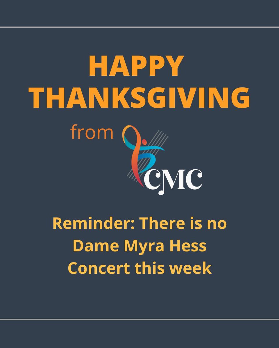 Wishing everyone a Happy Thanksgiving from Classical Music Chicago! Reminder, there is no Dame Myra Hess Concert this week

The next concert is December 3rd, featuring cellist Eunghee Cho and pianist Tomomi Sato, see you then!