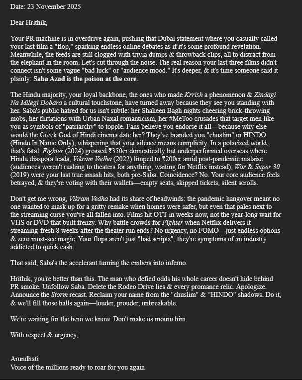 iArundhatiDevi7's tweet photo. 🚨Open Letter to #HrithikRoshan @iHrithik.

TIME TO FACE THE TRUTH BEHIND THE FLOPS
#EthicalBollywood #EndPromance #Truth #EndTheScam https://t.co/lsi2uVIlIA