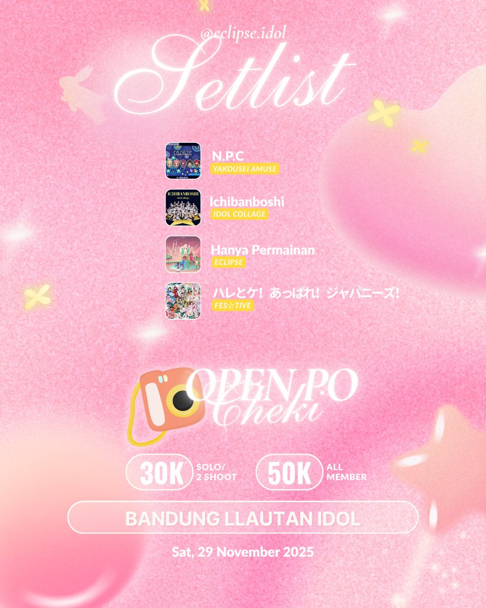 Eclipse_aidoru's tweet image. Minggu depan Eclipse akan ikut meramaikan event &quot;Bandung Lautan Idol&quot; oleh @/kyuu.fest❕✨

sabtu, 29. 11. 2025
📍Bandung, TBA
⏰ 10.00-selesai
📝 link cheki
» forms.gle/L5jCCDY6PA9vBT…

mari bertemu di Bandung!! see you❣️

#Eclipse #EclipseIdol