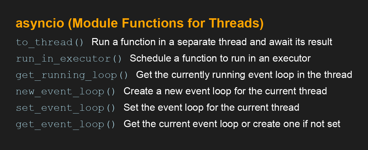 SuperFastPython's tweet image. asyncio (Module Functions for Threads) API
#Python #Concurrency