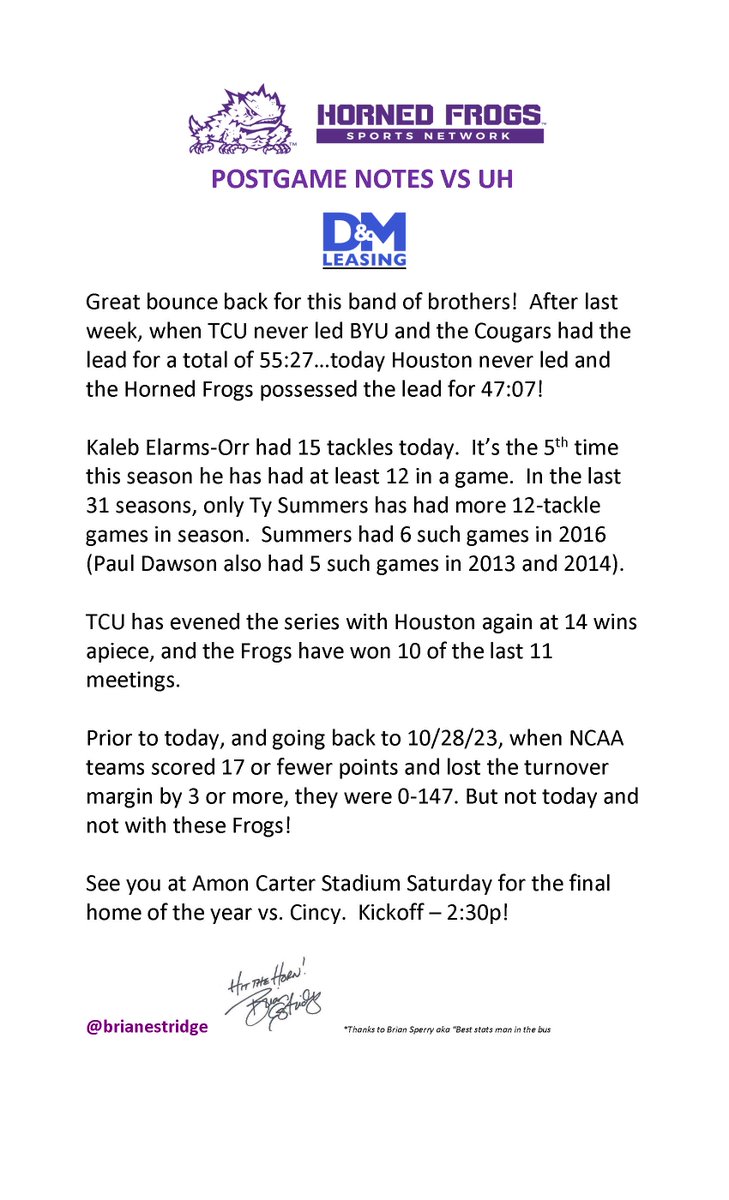 brianestridge's tweet photo. Some notes from last nights win over UH!  Win #7 !  See you Saturday at 2:30p for @tcufootball vs Cincy.  #HittheHorn https://t.co/OxzDMizKql