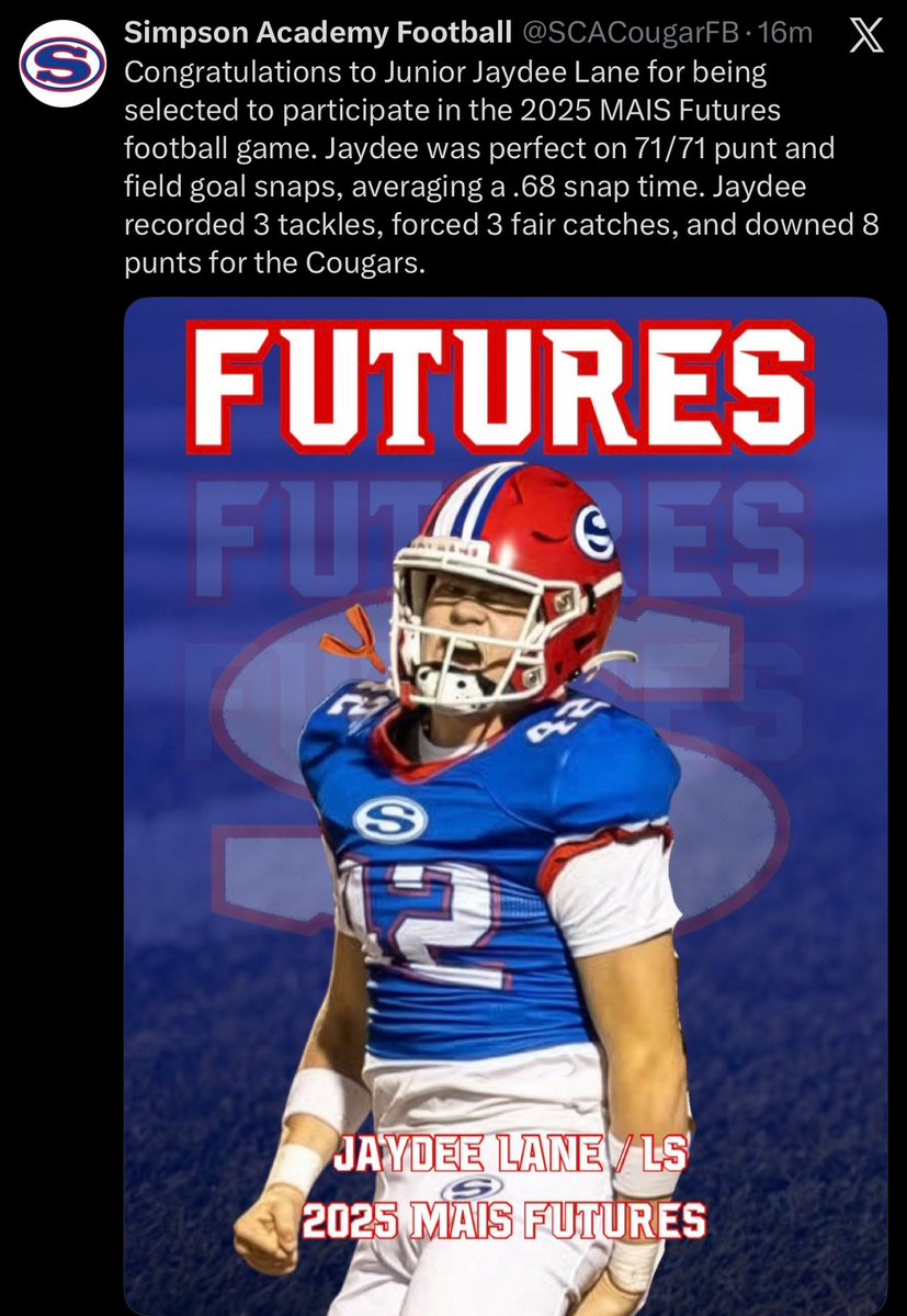 LongsnapLane's tweet image. Blessed to say that I was selected to play in the MAIS Futures game! The Futures game is for the best underclassmen in the entire MAIS! I am the first ever pure longsnapper to be selected for this game! #RubioFamily #ToeTheLine 

@SCACougarFB @SCACougarSports @msais @DrewLane95…
