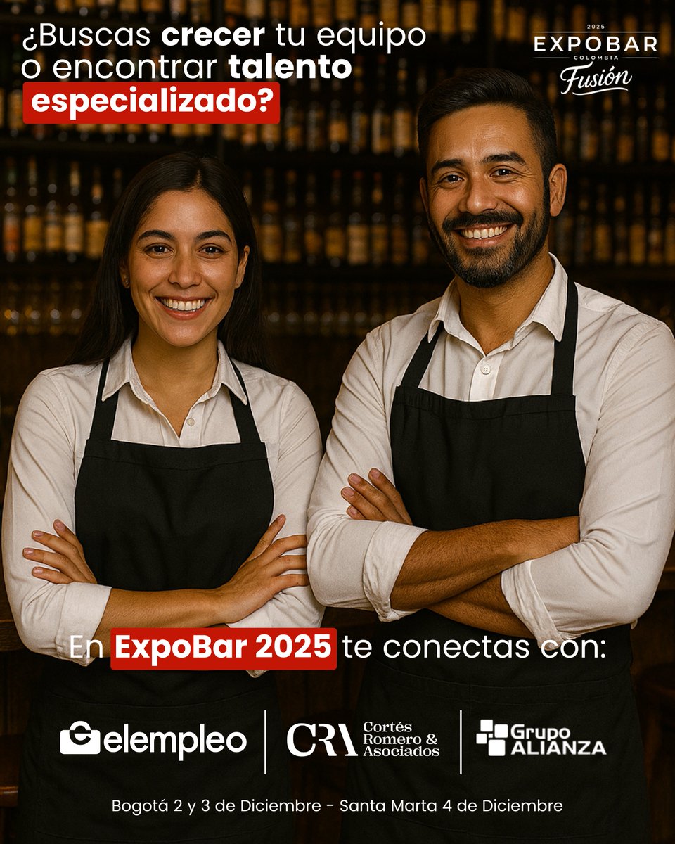 ¿Buscas fortalecer tu equipo o encontrar talento especializado para tu bar, restaurante o negocio del sector gastronómico?

En ExpoBar 2025 te conectas con aliados clave que SÍ entienden la industria:

✔️ elempleo.com – Portal líder en empleo del sector
✔️ Cortes