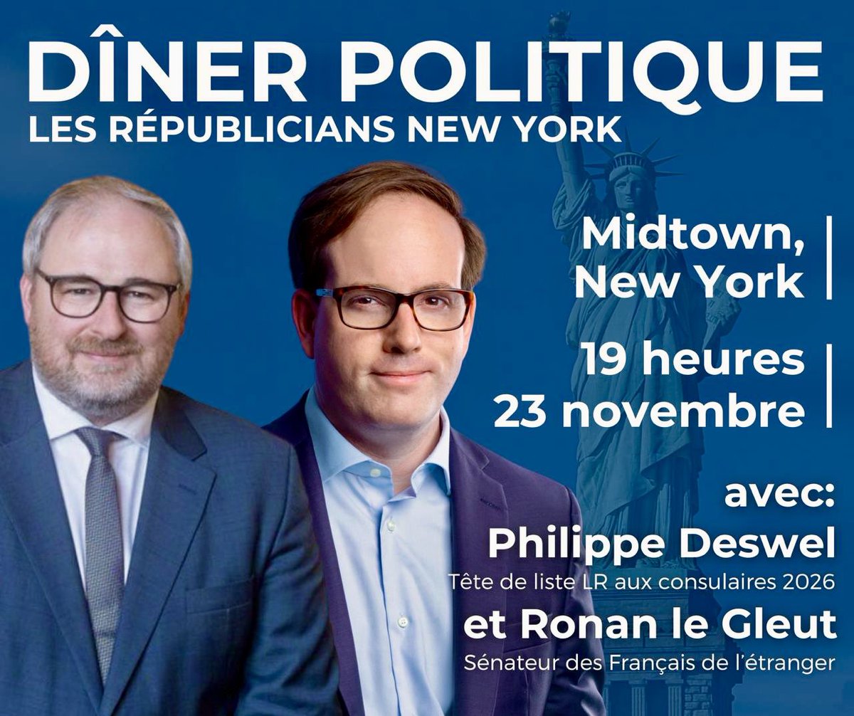 PhilippeDeswel's tweet photo. Rendez-vous ce soir pour un dîner à New York🗽avec Ronan Le Gleut, notre sénateur des Français de l’étranger

autour d’un moment convivial pour couvrir ensemble l’actualité politique 🇫🇷🇺🇸 et des Français à New York 

@lesRepublicains @lesRep_Senat  #NewYork #LR #LesRépublicains #Français #international #FDE #NY