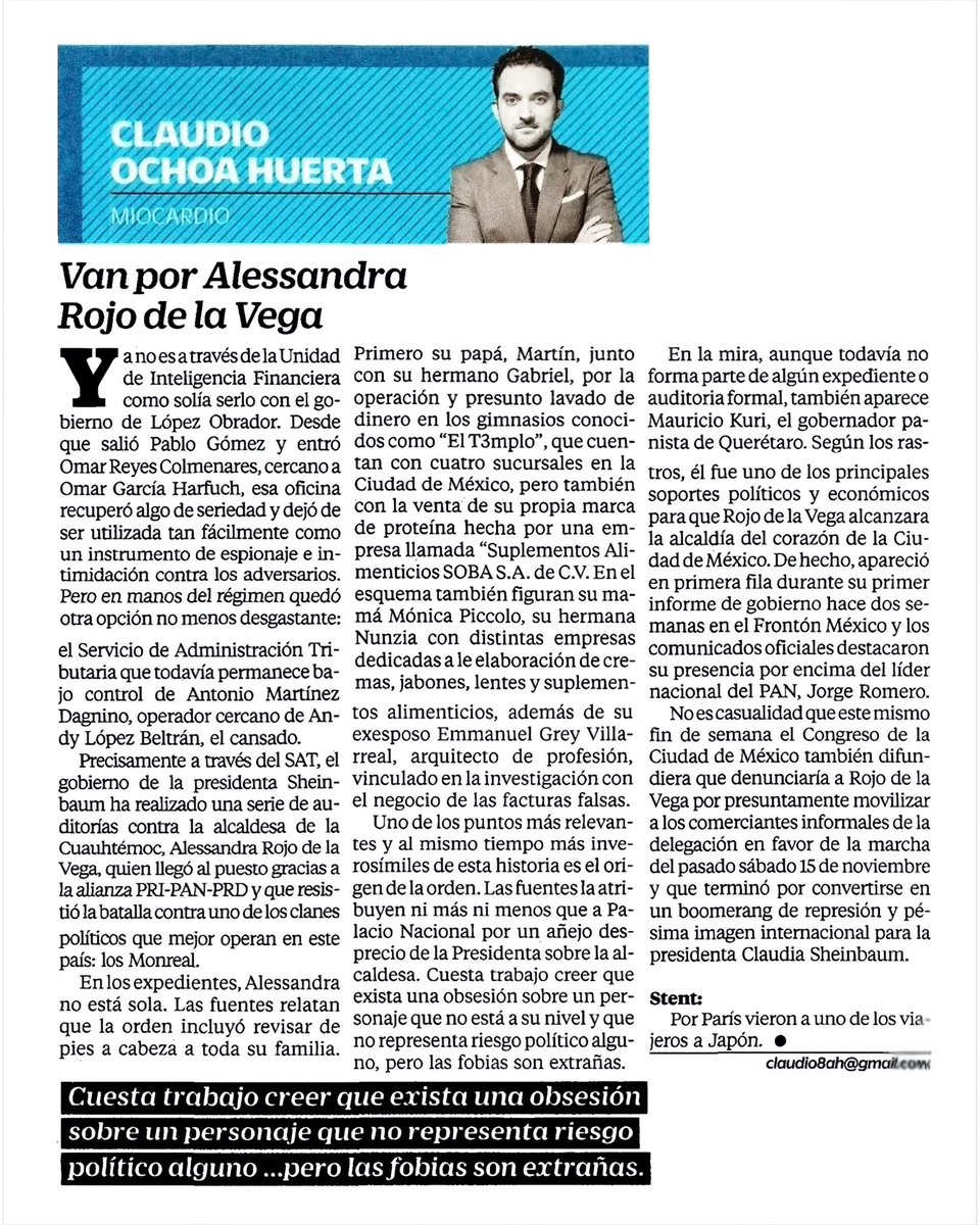 La emperatriz, visceral y vengativa como es, mandó al SAT, dirigido por el mejor amigo de Andy López, a acosar a <a href="/AlessandraRdlv/">Alessandra Rojo de la Vega</a>.

La están auditando con saña: a ella, a sus papás, a sus hermanos y hasta a su exesposo.

Las obsesiones presidenciales.