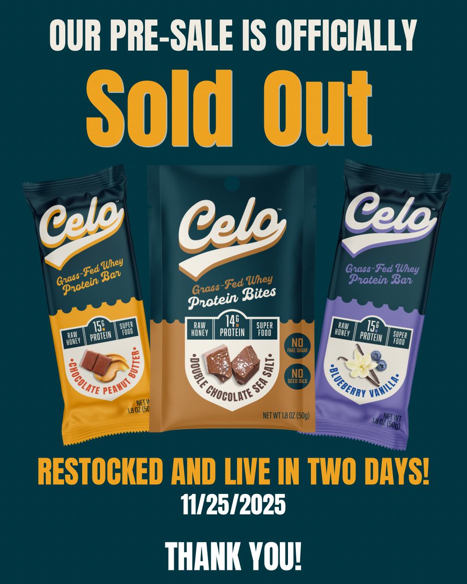 SOLD OUT 🤯
Celo Family, you are AWESOME — in just 10 days every pre-sale unit is gone!

Thank you for believing in us. Real food for real performance🔥

Bars restocked on Tuesday 11/25/2025 🗓️ 

More updates &amp; exclusive deals: celonutrition.com 👀