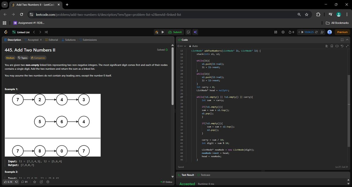 _a_m_i_t_1's tweet image. Day 497 of #500DaysOfCode

Add Two Numbers II. Solved using stack.