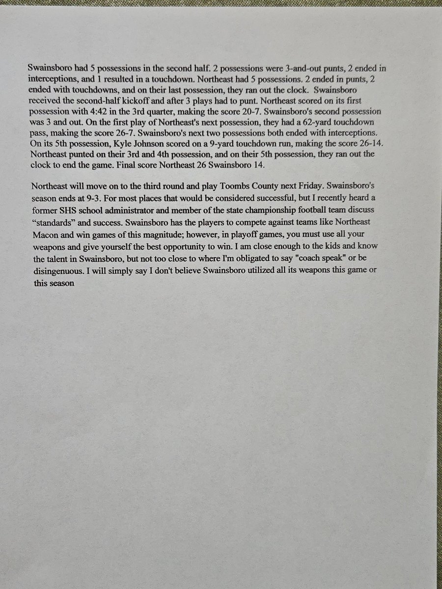 Swainsboro vs Norteast Macon Class A D1 playoff. Northeast defense is tough,  those receivers can go get it and Glover is a handful. 
<a href="/MattStewartTV/">Matt Stewart</a> <a href="/GPBsports/">GPB Sports</a> <a href="/scoreatlanta/">SCORE Atlanta</a> <a href="/RecruitGeorgia/">Recruit Georgia</a>
<a href="/TheMaconMelody/">The Macon Melody</a>