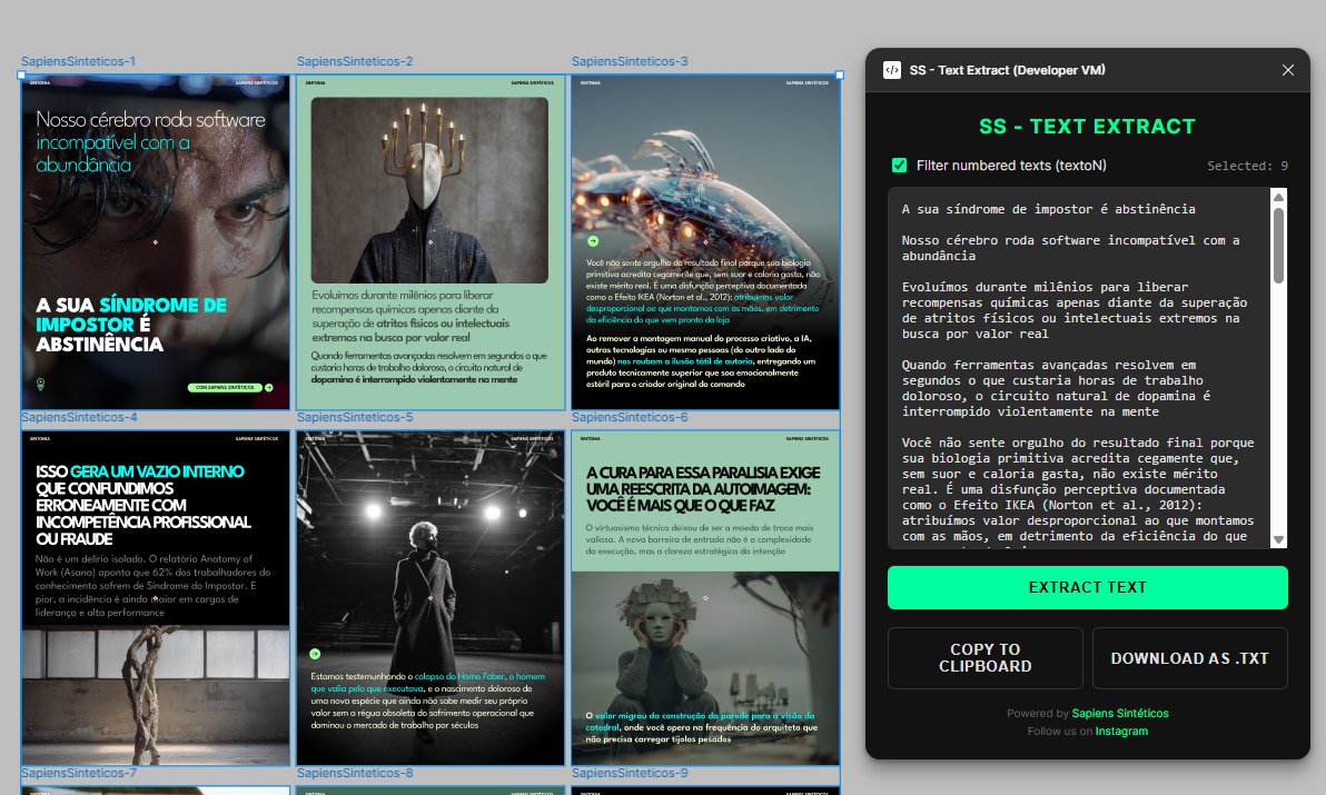 Fiz um plugin para o Figma, se ele for útil para ti me avisa, que posso colocar ele público e gratuito online

Ele serve para meus carrosséis no instagram, como edito o texto direto no Figma.

E muitas vezes preciso do texto fora, posso marcar diversos frames e exportar como .txt