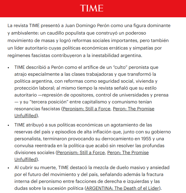 diegorottman's tweet photo. Excelente este agente de IA de Time para explorar sus 102 años de archivos y que permite consultas y da respuestas en español. Acá, su visión sobre Perón https://t.co/5ekGY3pDzw