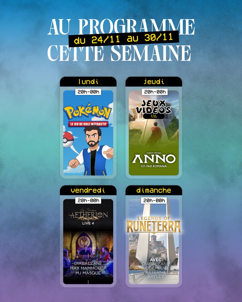Au menu cette semaine : 

👾 Lu - JDR interactif Pokémon avec Mahn
🏛️ Je - Val joue à Anno Pax Romana
🧙‍♂️ Ve - Les Chroniques d’Ateherion Live 4, avec <a href="/diabalzane/">Diabalzane</a>, <a href="/MjMasque/">Mj masqué</a> &amp; Max de la <a href="/BonneAubergeJDR/">La Bonne Auberge</a>
✨ Di - Runeterra avec Diab, <a href="/OdemianHS/">SLY Odemian</a>, <a href="/AllaisLouise/">Aeterna</a> &amp; <a href="/aayley/">aayley 🌱</a>