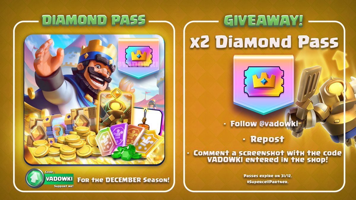 🎉 x2 HERO PASS ROYALE GIVEAWAY 🎉

This is your chance to get your Hero Mini Pekka for free! 🥞

✅ To enter:

👉 Follow <a href="/vadowki/">Vadowki</a> 
👉 Repost &amp; Like
👉 Comment a screenshot with the code Vadowki entered in the shop! - Thank you! 🙇‍♂️

🍀 Ends on Nov 27. Good luck!