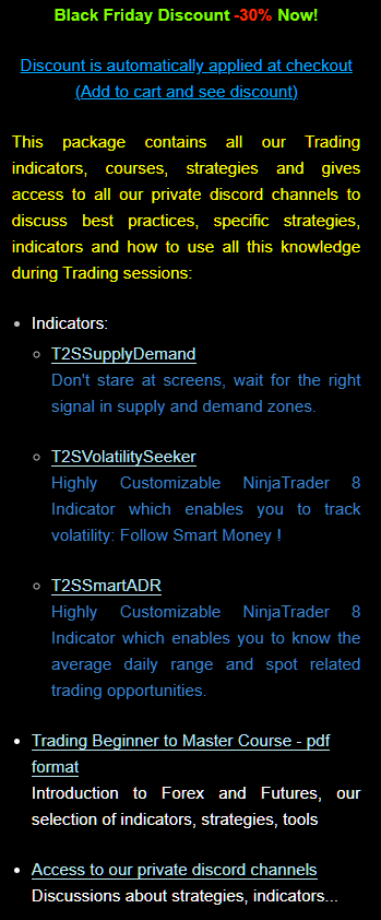 Trading2Society's tweet photo. #BlackFriday Discount -30% Now! (Add to cart to see discount)
T2S Smart Trader Package:
https://t.co/DLy6FkIbIO
📀3 #Ninjatrader Indicators
💿Trading Beginner to Master Course
📀Acces to our Private Discord Channels
#trading #NQ #GC #CL #ES https://t.co/AB2YhfqyfC