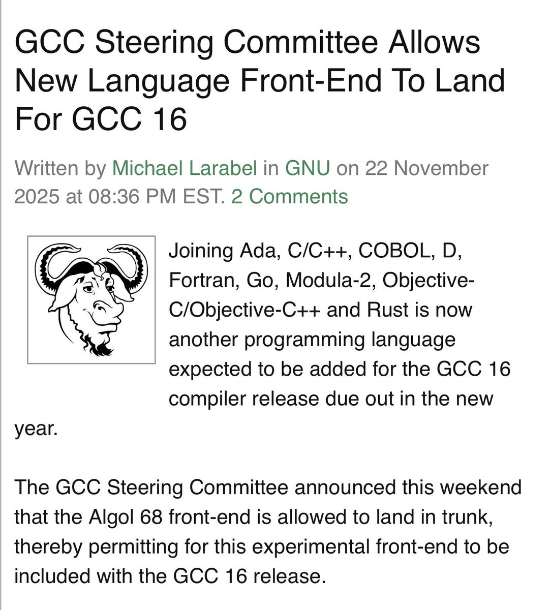 A pedido do público, o GCC adiciona uma interface experimental para a nova linguagem em alta… Algol 68??