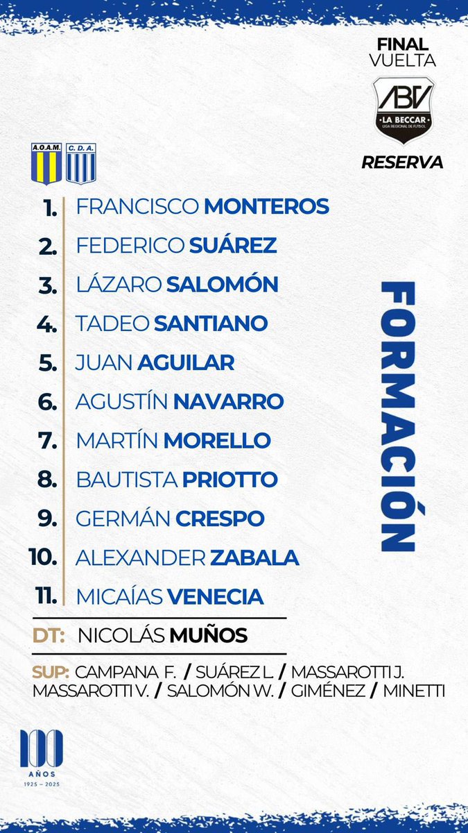 CDArgentino's tweet image. Liga ABV - Reserva | FINAL - VTA

Los titulares para buscar el campeonato ante Olimpo en Monte Maíz, la ida fue 2-2.

#DaleRaya 🔵⚪️🔵 #TodosJuntos