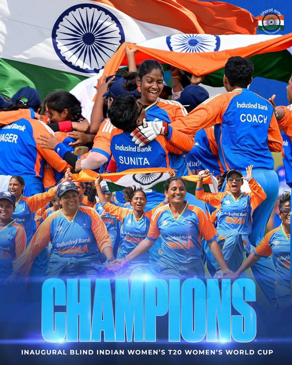 BhimArmyChief's tweet image. श्रीलंका की राजधानी कोलंबो में आयोजित प्रथम Women’s T20 World Cup for the Blind में नेपाल को 7 विकेट से पराजित कर हमारी बहादुर बेटियों ने पूरे विश्व में भारत का तिरंगा और ऊँचा कर दिया है।

यह गौरवपूर्ण क्षण प्रत्येक भारतीय के लिए अपार गर्व और प्रेरणा का स्रोत है।

टीम की सभी…