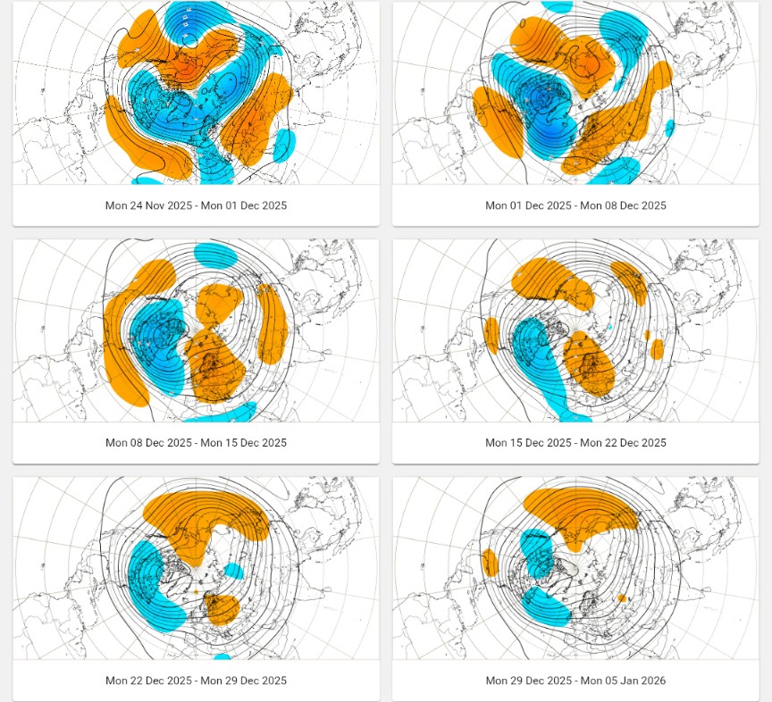 Meteo_Decrypte's tweet image. Un véritable bras de fer semble se dessiner pour le mois de décembre entre, d’un côté, le vortex polaire stratosphérique qui devrait se renforcer et favoriser un flux zonal, et de l’autre, les forçages tropicaux, notamment la MJO, qui pourraient au contraire soutenir…