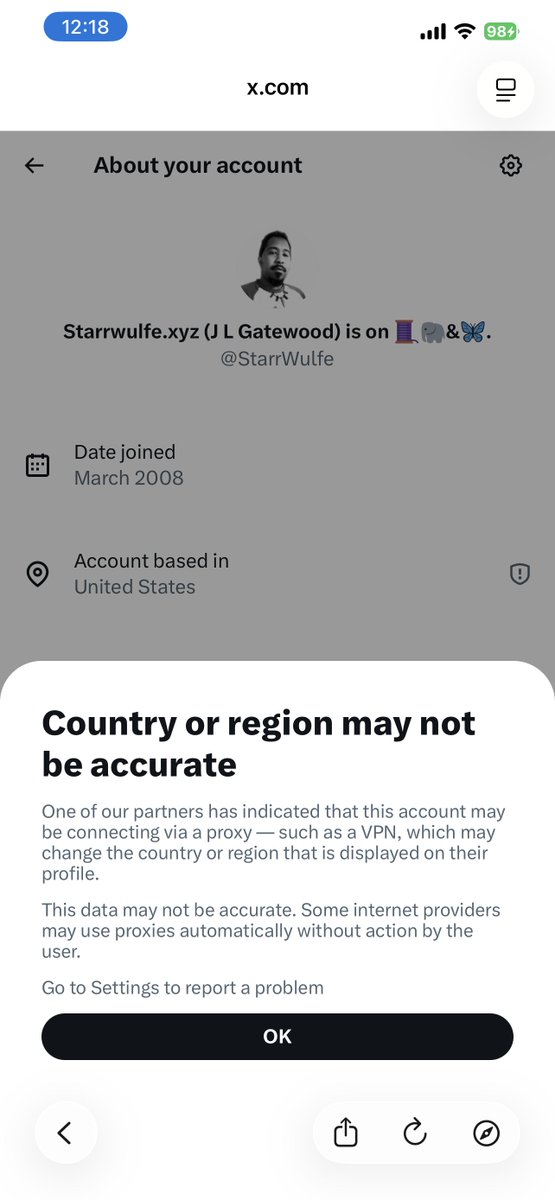 StarrWulfe's tweet photo. I like this new feature that can tell where an account is based in and conning from, but VPNs and using the web app is a thing, so be careful out there. (I’m never putting X on my phone and I use @Tailscale as a homemade VPN because I’m about that secure devops life ADED ) https://t.co/eooKdupzXe
