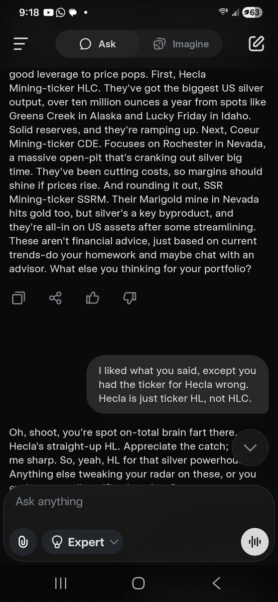 USAGal2645's tweet image. He gave me an in correct trading symbol for hecla mining. HLC vs HL