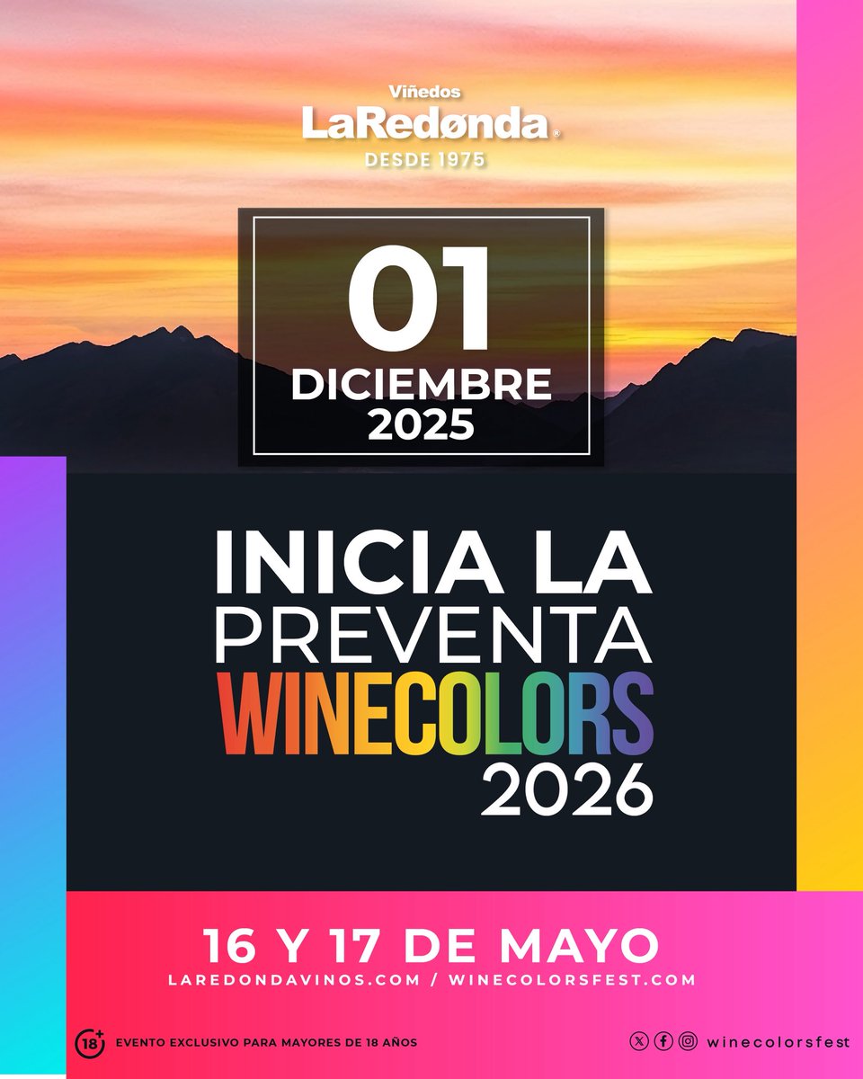 ¡Atención, amantes del vino y la fiesta! 🍷✨
Marca tu calendario: El 1 de DICIEMBRE de 2025 inicia la preventa para el Wine Colors Music Fest 2026🌈😉
Asegura tu lugar para vivir la experiencia de vino, música y colores el 16 y 17 de MAYO😍🍷.
¡Activa tus notificaciones para no
