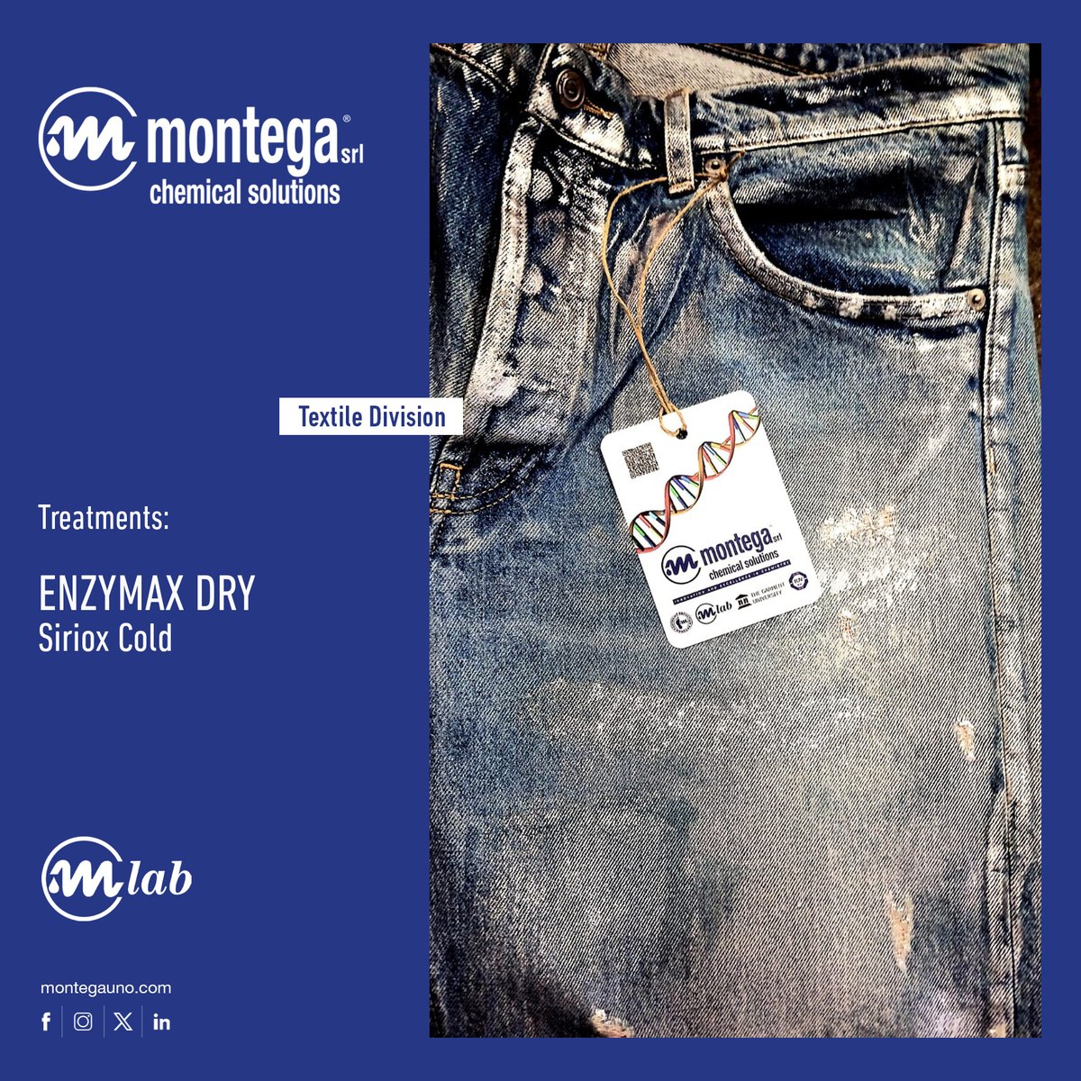 l_montega's tweet image. The authentic feel of lived-in denim. 
The charm of a story woven into the fabric.
Through the powerful synergy of ENZYMAX DRY and SIRIOX COLD, we create sharp abrasions and an authentic stone-washed look. 
An Mlab signature result.

#Montega #Mlab #MontegaChemicalSolutions