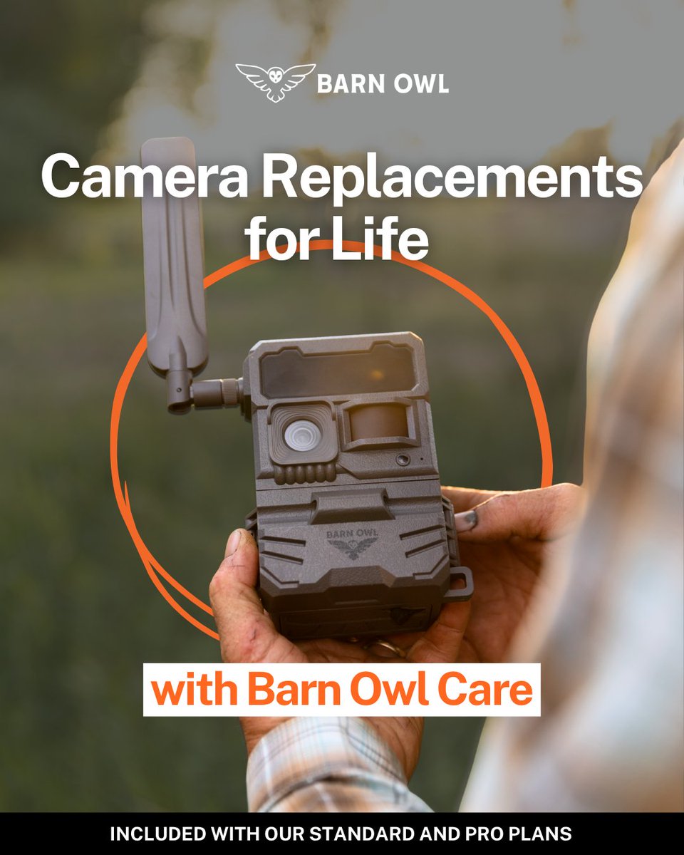 BarnOwlTech's tweet photo. Good news! 

Barn Owl Care is included in all Standard and Pro data plans, and it comes with lifetime camera replacements.

If your camera ever stops working, we’ve got you—just request a replacement and keep monitoring without interruption. 

#BarnOwlCare #CameraReplacement #LifetimeCoverage #RanchTech #FarmTech #SecurityCameras #SmartMonitoring #ProPlan #StandardPlan