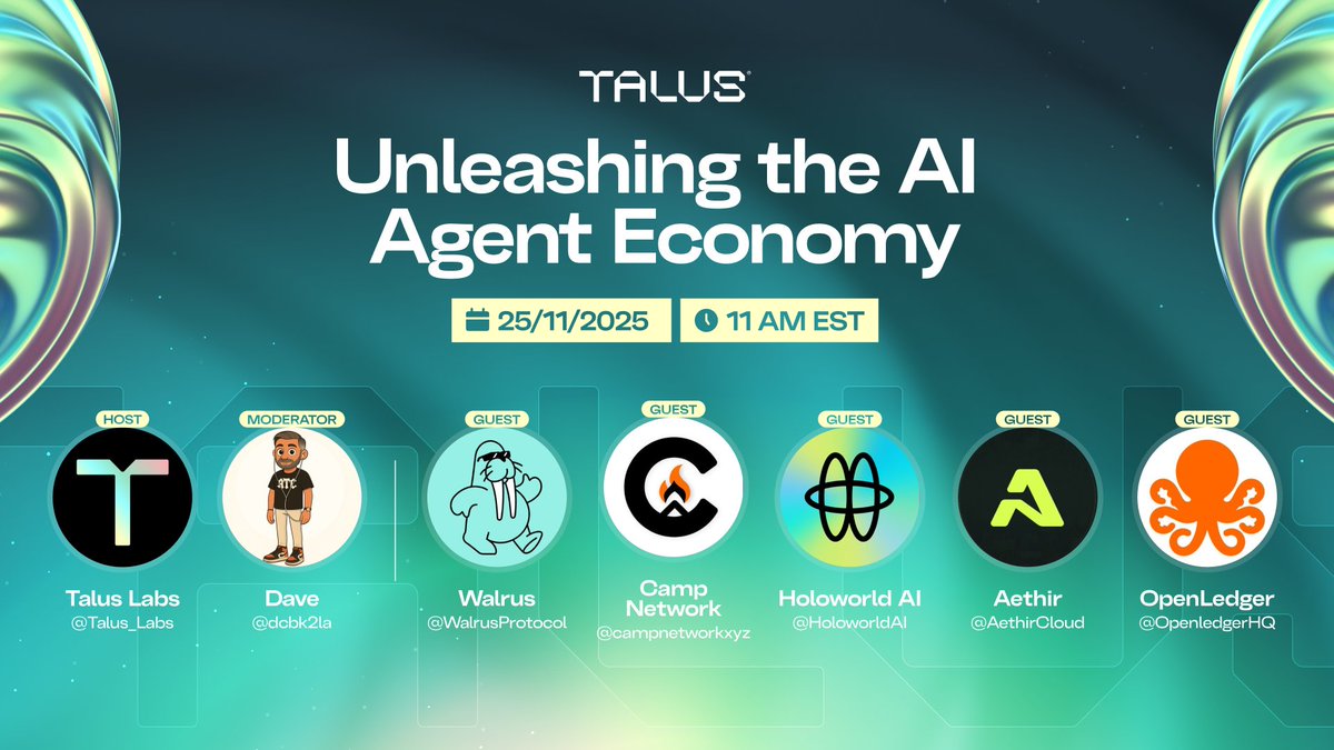 1/2 Decentralized infrastructure is changing the impact that AI Agents can have. We’re diving into it in:

Ep. 3: Unleashing the AI Agent Economy

🎙️ Nov 25 | 11 AM EST
🤝 Co-host: <a href="/DCBK2LA/">Dave</a>

👥 Guests: <a href="/WalrusProtocol/">Walrus 🦭/acc</a> <a href="/OpenledgerHQ/">OpenLedger</a> <a href="/AethirCloud/">Aethir</a> <a href="/HoloworldAI/">Holoworld AI</a> <a href="/campnetworkxyz/">Camp Network ⛺️</a>
