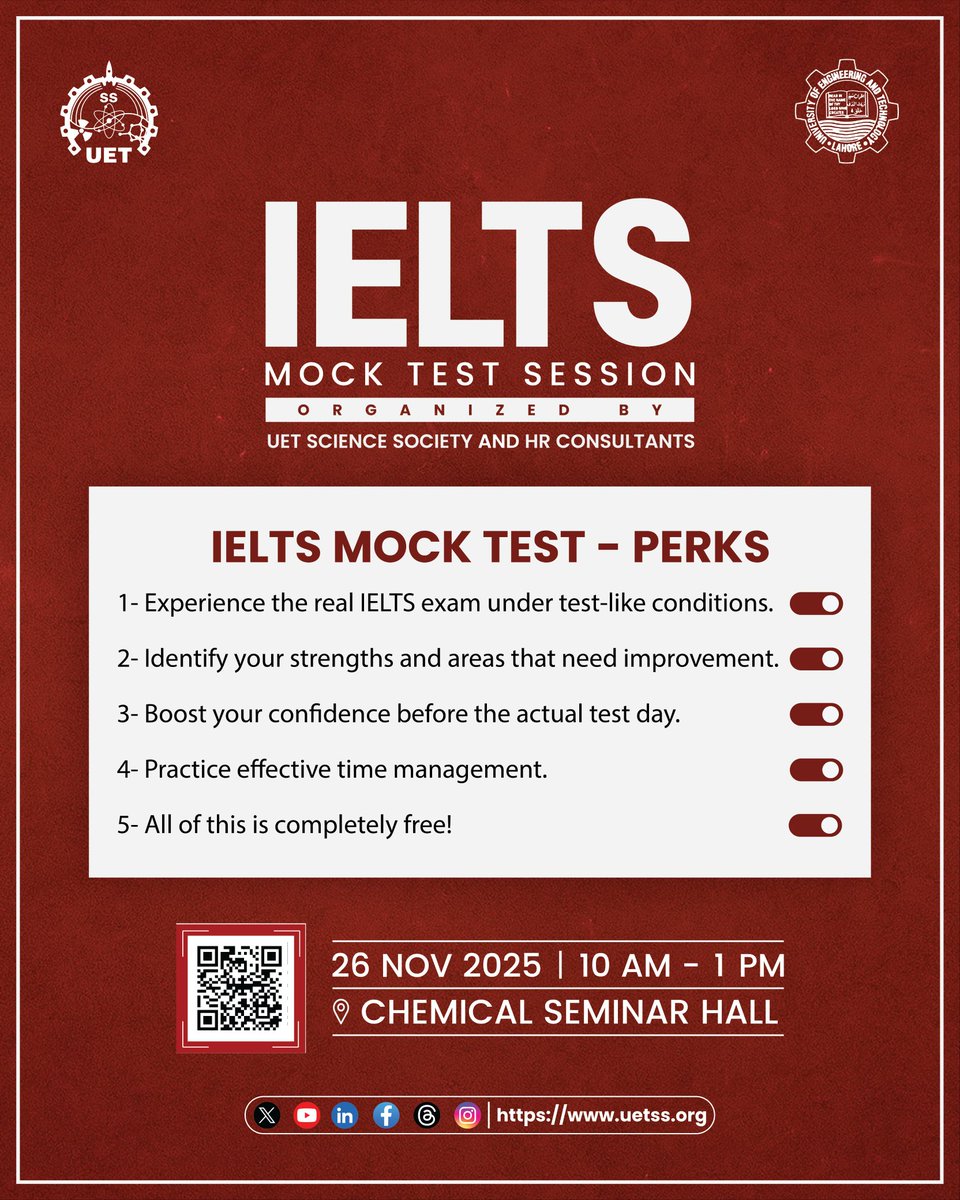 UET_SS's tweet image. UET Science Society, in collaboration with HR Consultants, brings you a mock test that lets you experience the exam under true test-like conditions while helping you discover your strengths, work on weak spots.
Register Now:
forms.gle/CAZ9euBiCh2D2s…

#uetss #uet #hrconsultants