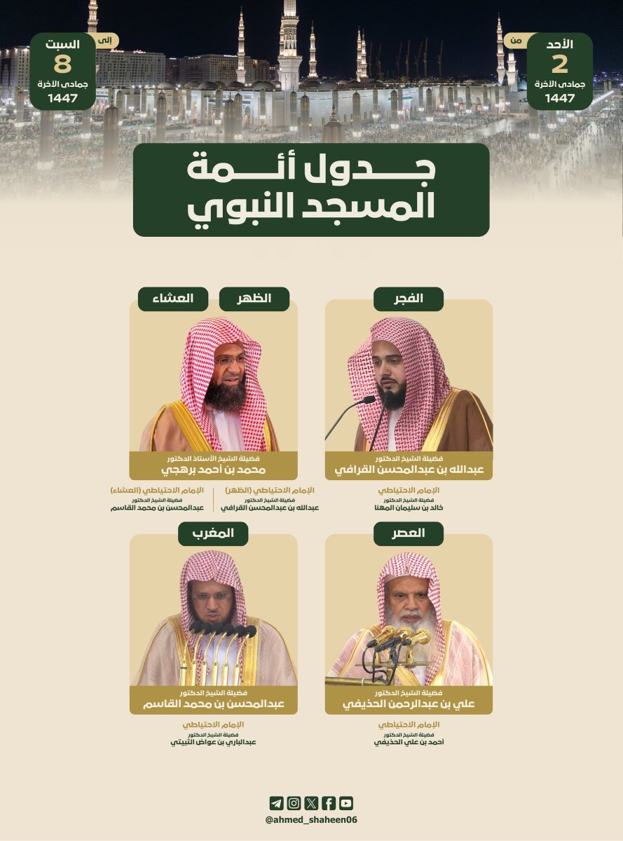 جدول أئمة المسجد النبوي من الأحد 2 إلى السبت 8 جمادى الآخرة 1447 🕌
#عبدالله_القرافي
#محمد_برهجي
#علي_الحذيفي
#عبدالمحسن_القاسم