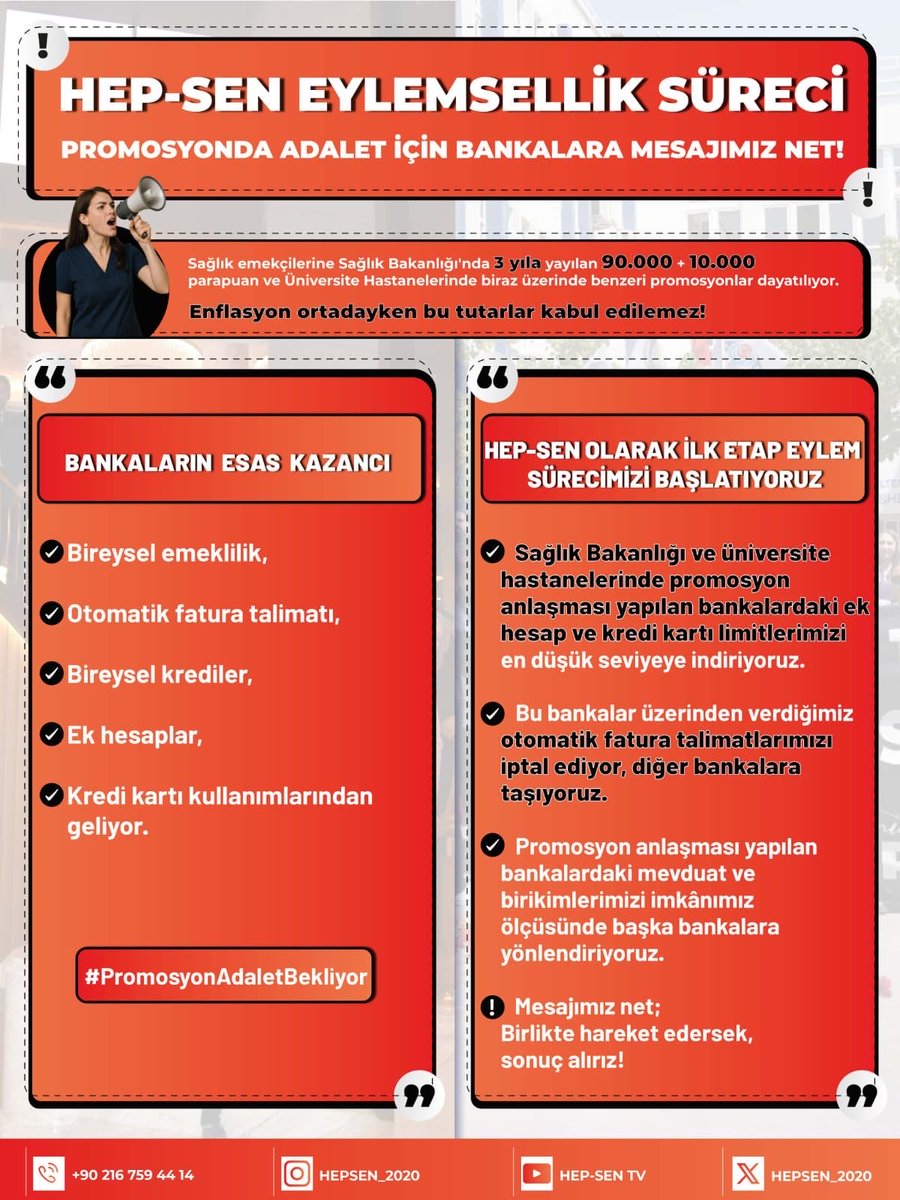 HEP-SEN EYLEMSELLİK SÜRECİ PROMOSYONDA ADALET İÇİN BANKALARA MESAJIMIZ NET!

Sağlık emekçilerine Sağlık Bakanlığı'nda 3 yıla yayılan 90.000 + 10.000 parapuan ve Üniversite Hastanelerinde biraz üzerinde benzeri promosyonlar dayatılıyor.

Enflasyon ortadayken bu tutarlar kabul