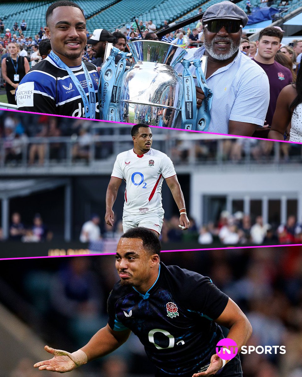 rugbyontnt's tweet image. 🏆🏆🏆 Treble with @BathRugby 
🧢 @EnglandRugby debut in the summer
🏡 First England start at home, first England try and a stunning assist

Some 2025 for Max Ojomoh 🔥