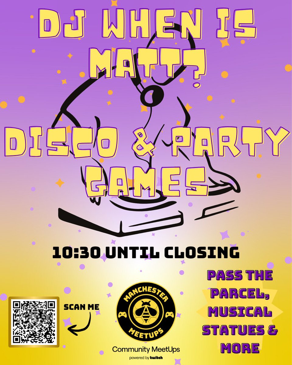 MCR_meetups's tweet image. 📢ANNOUNCEMENT📢

Ever miss those cheesy parties? Whiffing of Cha Cha Slide, buffet food &amp;amp; too much fizzy pop?

The don't miss, @DatedRhyme DJ Set &amp;amp; Party Games!

For our end of night special! We wanna see your best dance moves! 🪩

Music requests here 👇
short.whenismatt.live/TwitchManchest…