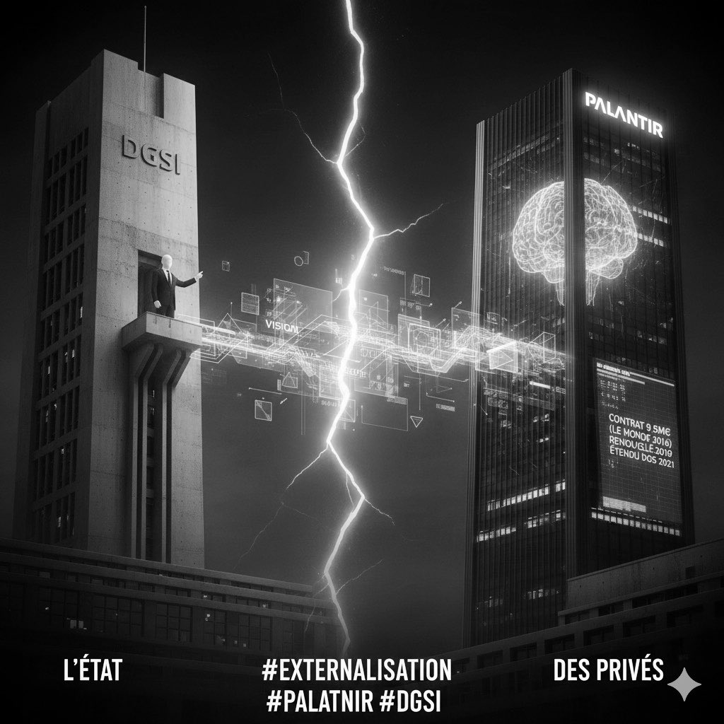 AxularDeMars's tweet image. 12/20
L’État délègue sa vision à des privés. 
Palantir DGSI contrat 9,5M€ (Le Monde 2016, renouvelé 2019, étendu DGS 2021). 
#Externalisation