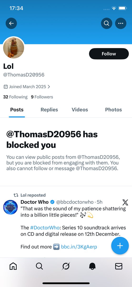 You ended up blocking the wrong account, genius <a href="/ThomasD20956/">TwelfthDoctorStan</a> 
#RIPDoctorWho