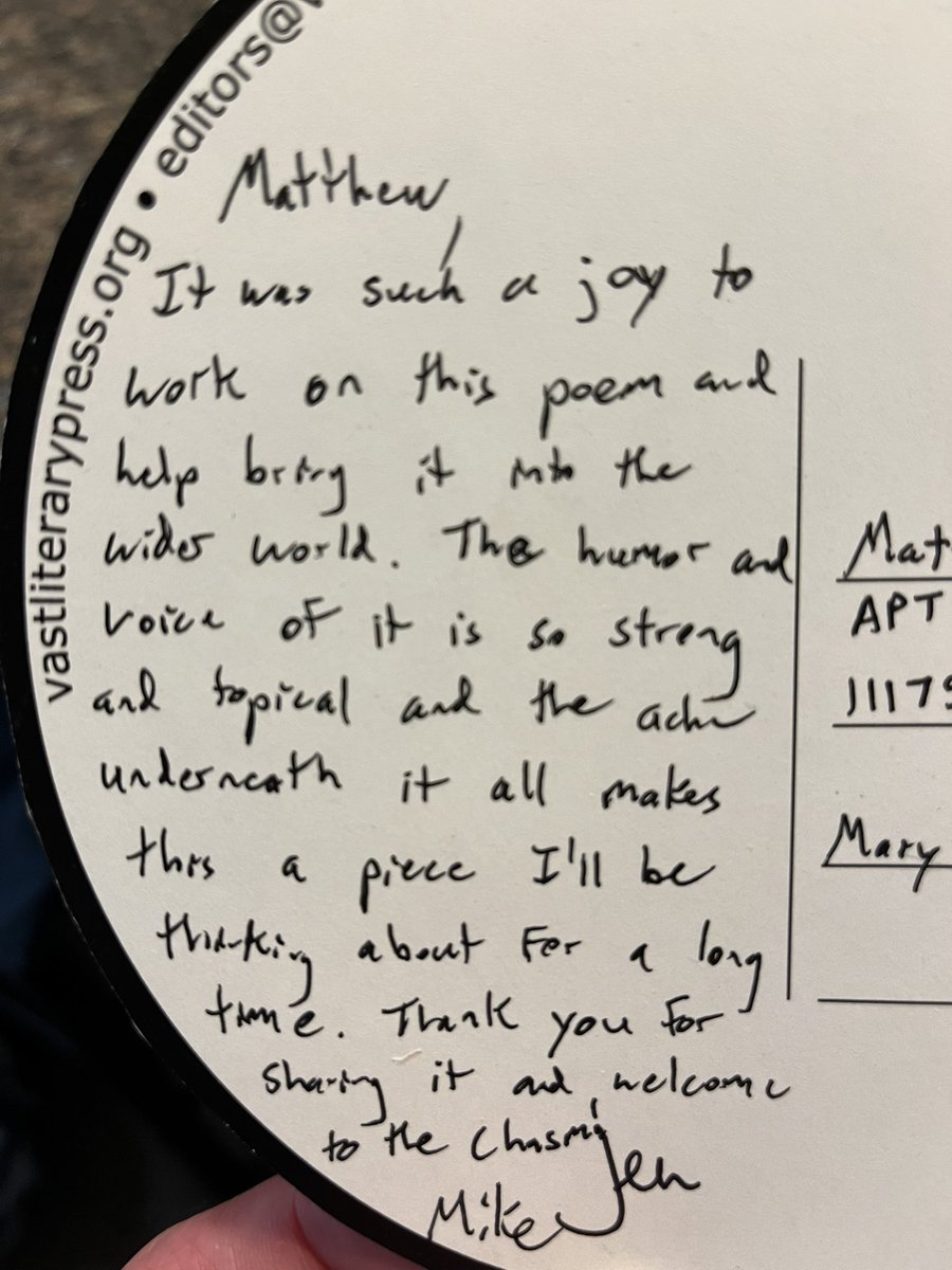 mattroywriter's tweet photo. Super nice note from the folks at Vast Chasm, who recently published my #poem, “I’m in Our Coffee Shop.” Made my day.
#amwriting #amquerying #writeandgrind https://t.co/hXgStyVnnB