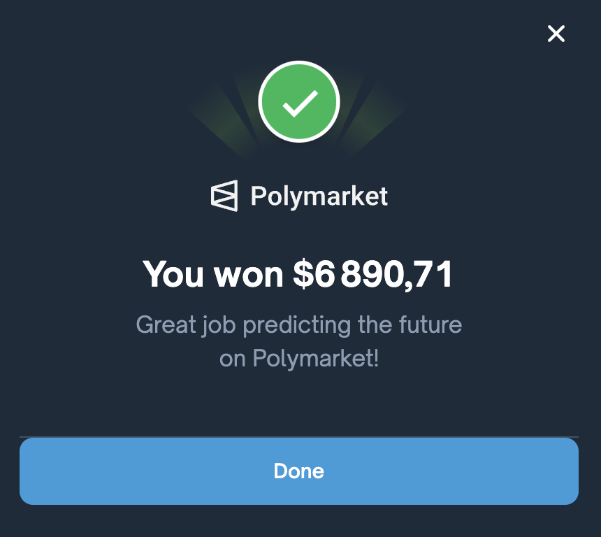Blackswan_DeFi's tweet photo. Final update :

The 1,951 $ position finished at 4,543 $
The smaller one at 294 $ ended at 2,348 $

I’ll keep updating the journal each time something resolves so you can follow the evolution and maybe catch your own entries.

If you aren’t on Polymarket yet, I don’t know what to tell you at this point.