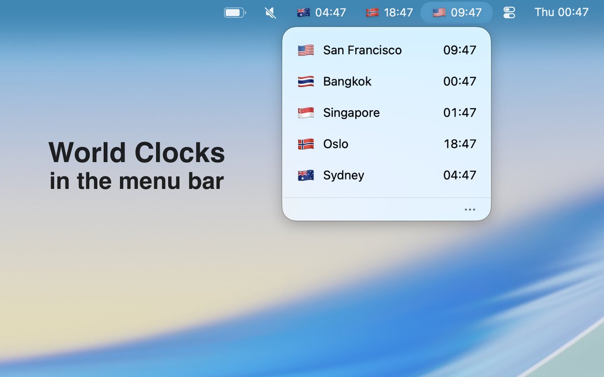 sindresorhus's tweet image. New app

Zone Bar 🌐
World clocks in your menu bar

✨