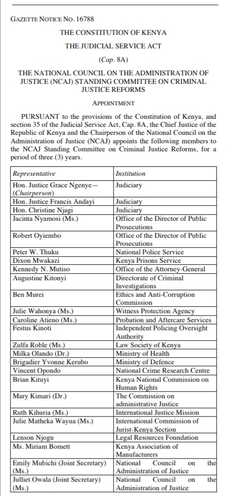 zakheem_rajan's tweet photo. Chief Justice Martha Koome, Chair of the NCAJ, appoints members to the NCAJ Standing Committee on Criminal Justice Reforms, to be chaired by Hon. Justice Grace Ngenye. https://t.co/P3HVGsGPQI
