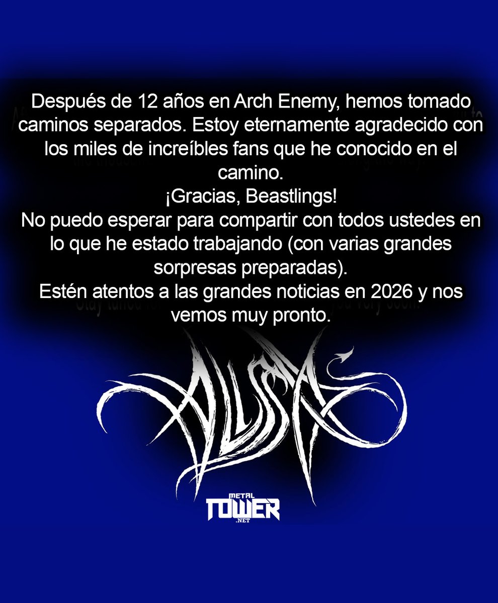themetaltower's tweet image. ¿Buena o mala noticia?

Alissa White-Gluz deja de ser vocalista de Arch Enemy y anuncia proyecto como solista.